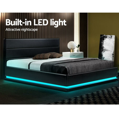 Artiss Bed Frame Double Size LED Gas Lift Black LUMI-thumbmail-3