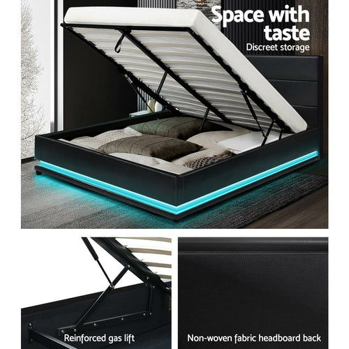 Artiss Bed Frame Double Size LED Gas Lift Black LUMI-thumbmail-5